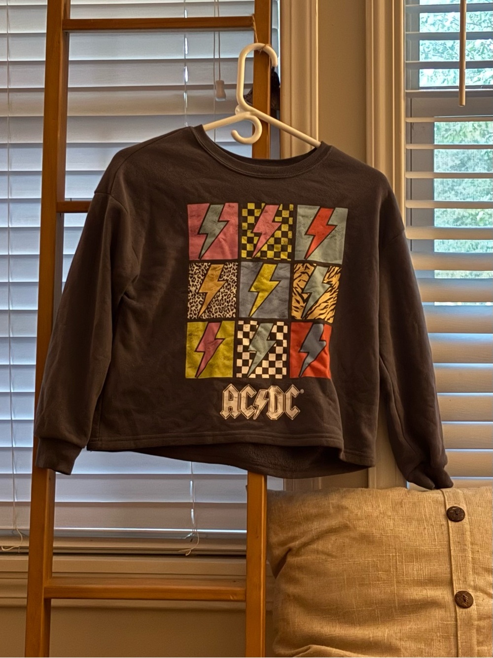 AC/DC Kids Long Sleeve Tee in Black with Multicolor Lightning Grid